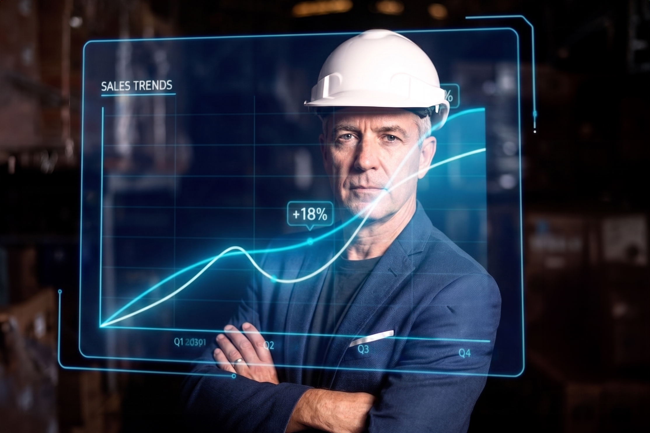 Industrial leader reviewing sales trends on a digital dashboard